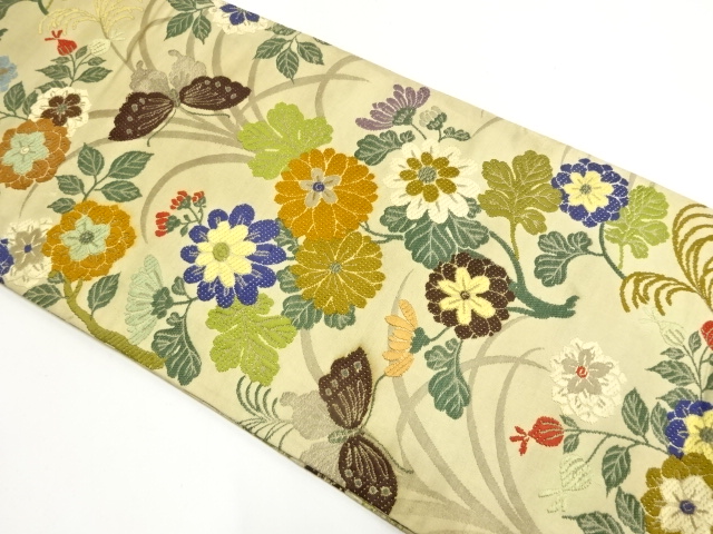 JAPANESE KIMONO / ANTIQUE MARU OBI / SILK / WOVEN FLORAL PLANTS